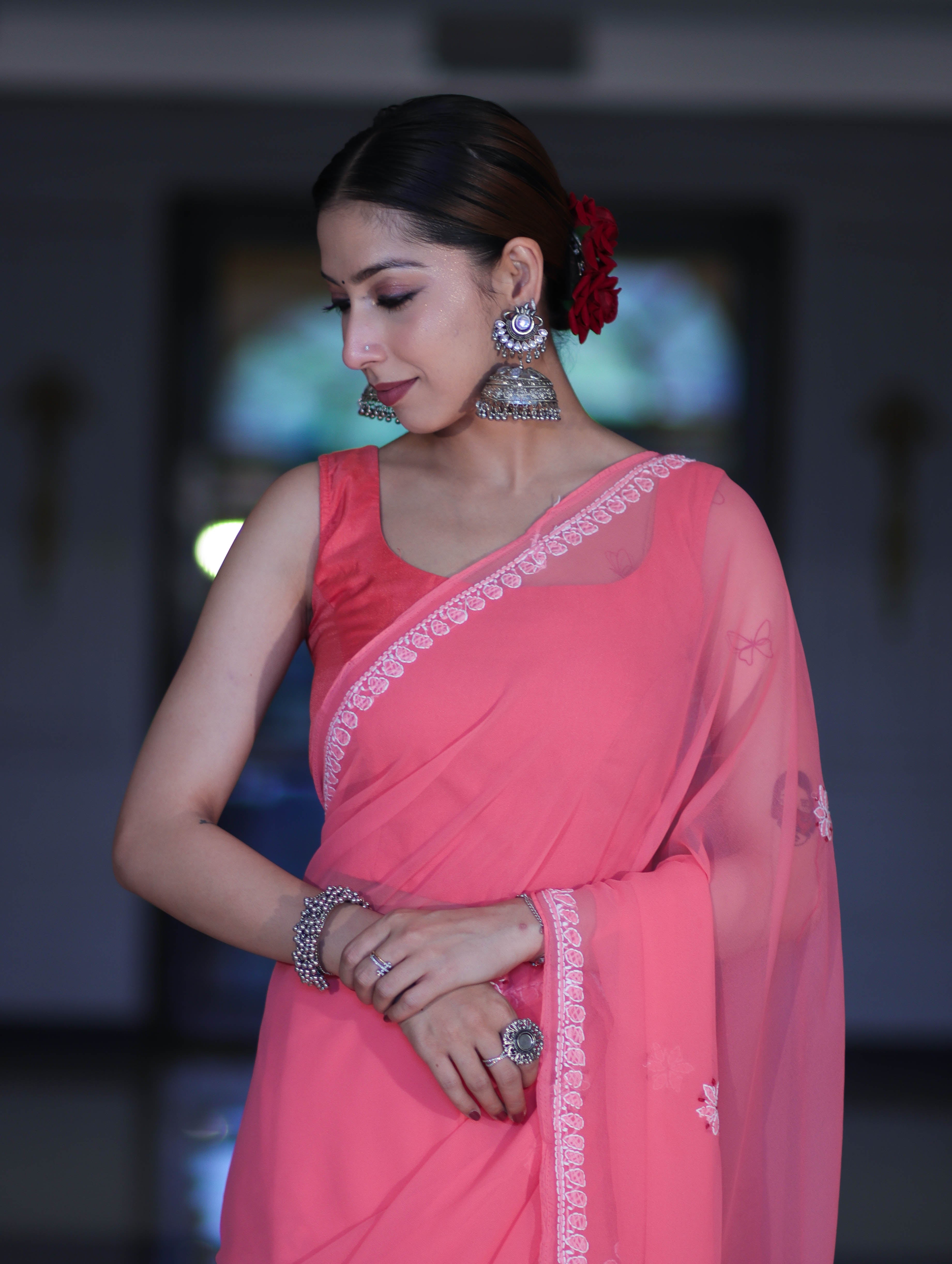 Banarasee Handwoven Georgette Saree With Chikankari Work-Peach