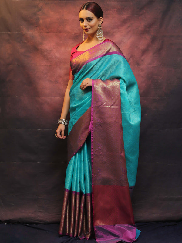 Banarasee Kora Muslin Saree With Tanchoi Design & Skirt Border-Sea Green