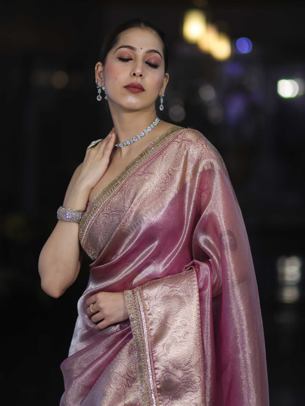 Banarasee Handloom Plain Tissue Saree With Zari Border & Lace-Light Pink