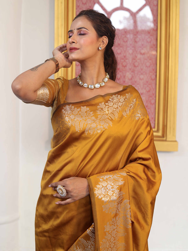 Banarasee Handwoven Semi Silk Saree With Zari Border-Mustard Yellow