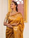 Banarasee Handwoven Semi Silk Saree With Zari Border-Mustard Yellow