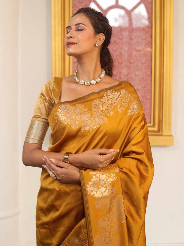 Banarasee Handwoven Semi Silk Saree With Zari Border-Mustard Yellow