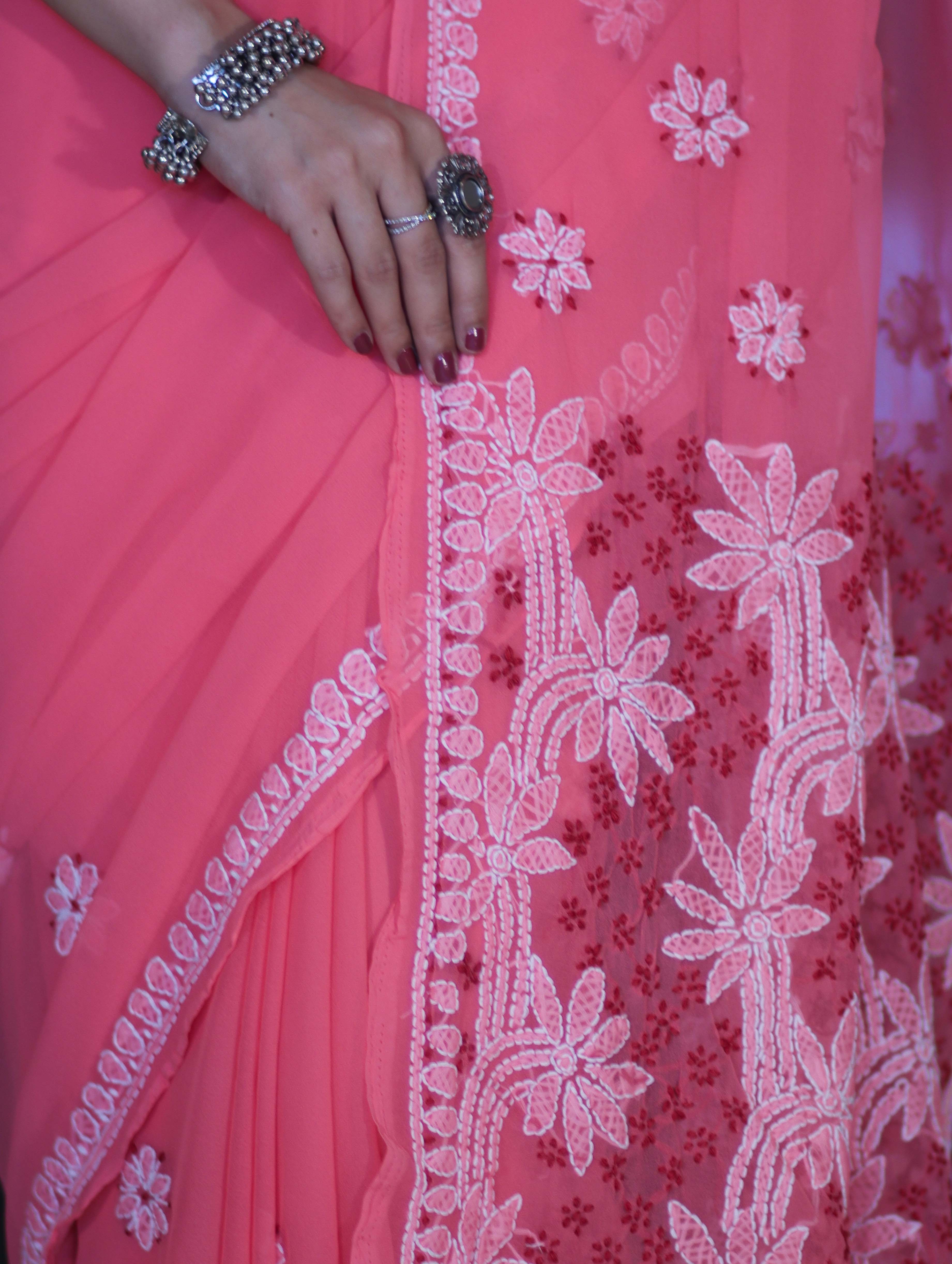 Banarasee Handwoven Georgette Saree With Chikankari Work-Peach