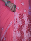 Banarasee Handwoven Georgette Saree With Chikankari Work-Peach