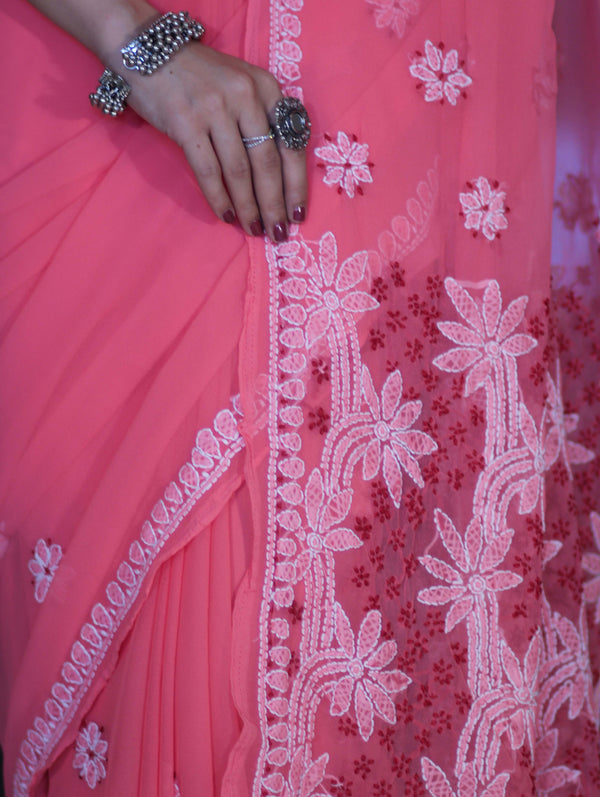 Banarasee Handwoven Georgette Saree With Chikankari Work-Peach