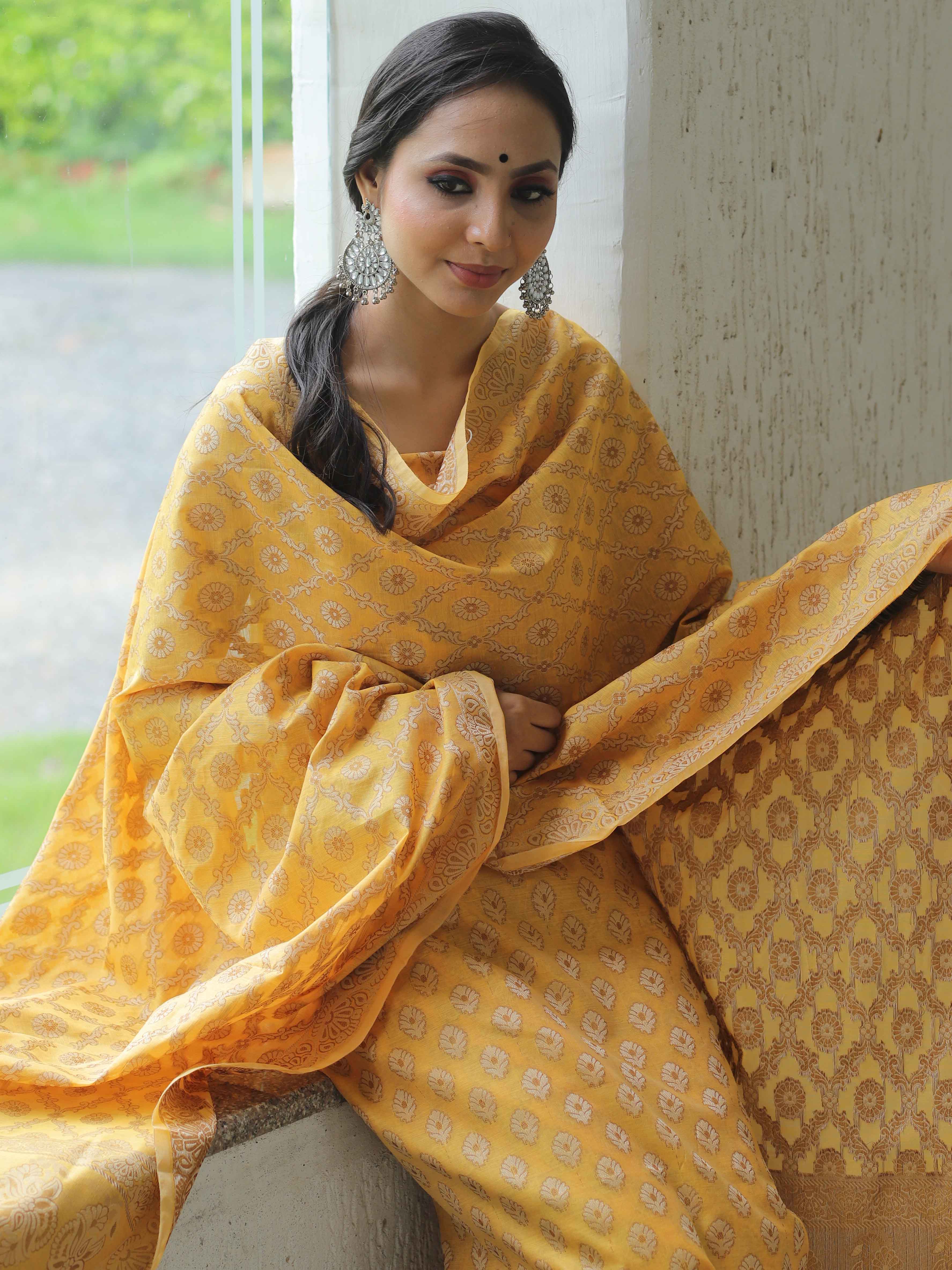 Banarasee Salwar Kameez Cotton Silk Resham Buti Woven Fabric-Yellow