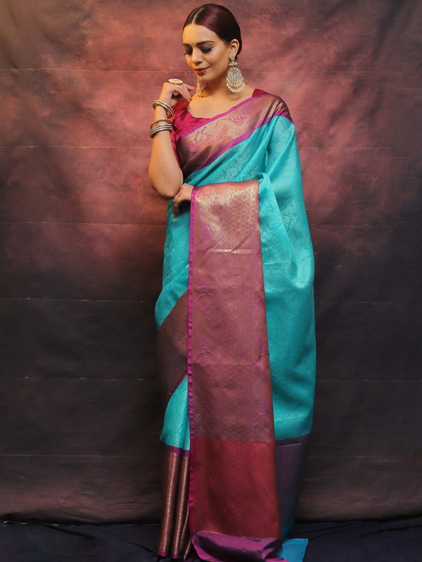Banarasee Kora Muslin Saree With Tanchoi Design & Skirt Border-Sea Green