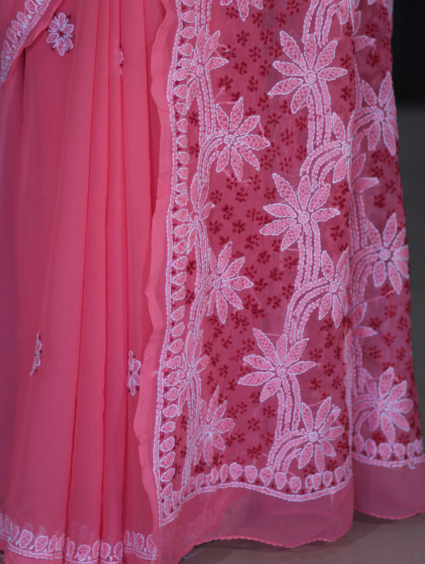 Banarasee Handwoven Georgette Saree With Chikankari Work-Peach
