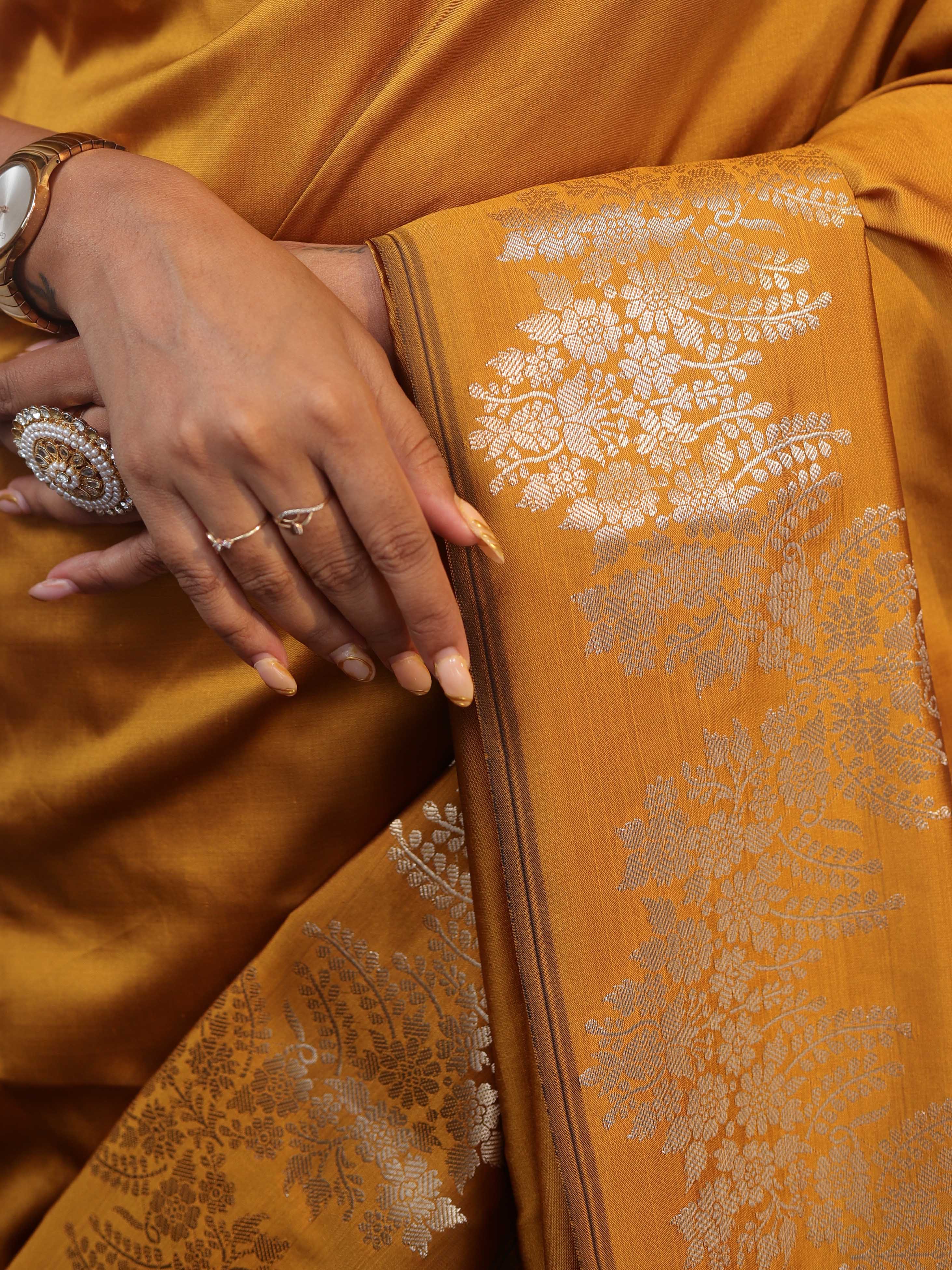 Banarasee Handwoven Semi Silk Saree With Zari Border-Mustard Yellow
