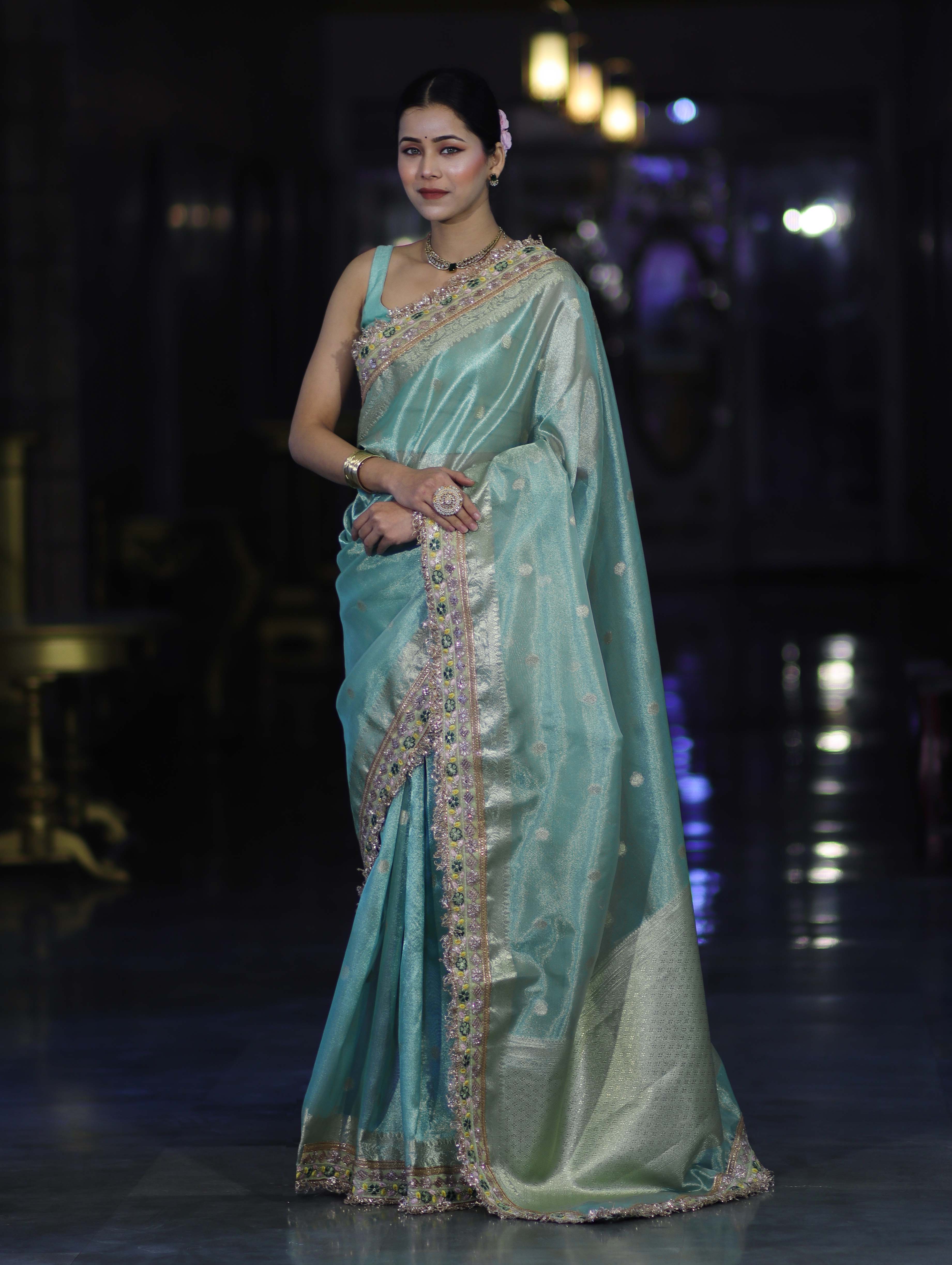 Banarasee Handloom Tissue Saree With Zari Buti Design Floral Border & Lace-Pastel Green