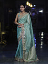 Banarasee Handloom Tissue Saree With Zari Buti Design Floral Border & Lace-Pastel Green
