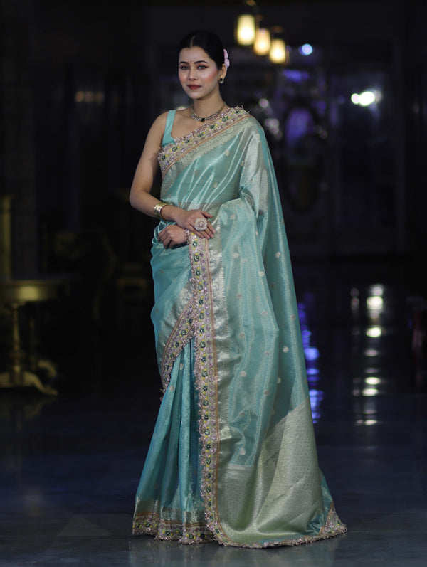 Banarasee Handloom Tissue Saree With Zari Buti Design Floral Border & Lace-Pastel Green
