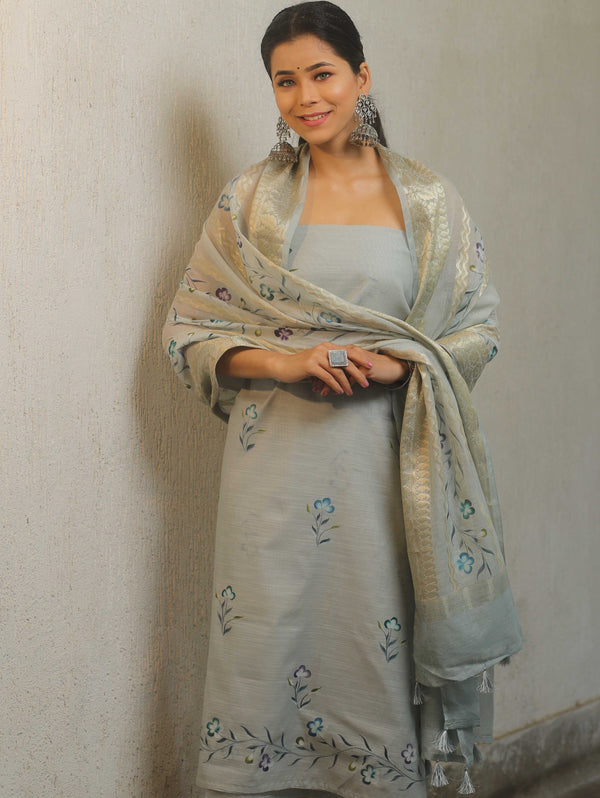 Banarasee Cotton Slub Zari Work & Hand Painted Salwar Kameez Fabric With Dupatta-Grey