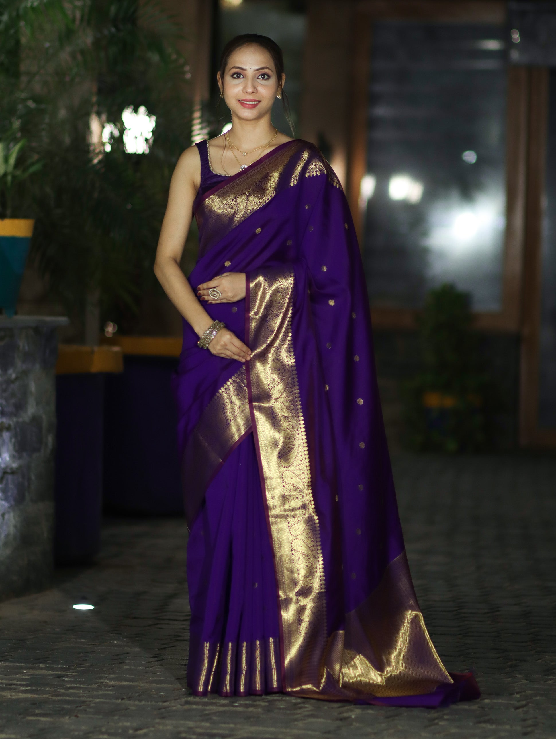 Banarasee Handwoven Semi Silk Saree With Zari Buti Design & Border-Violet