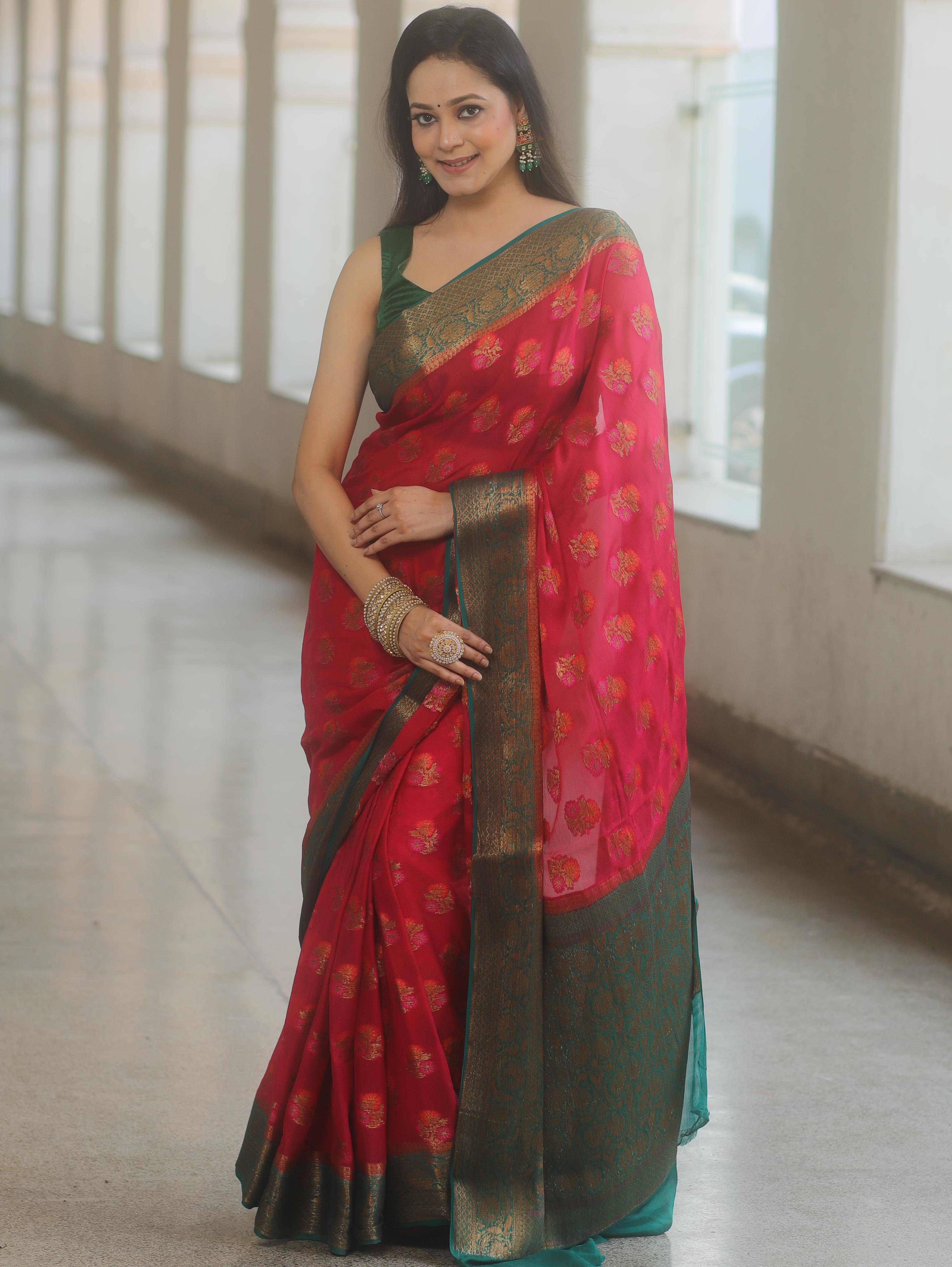 Banarasee Pure Chiffon Silk Saree With Antique & Resham Zari Work-Red & Green