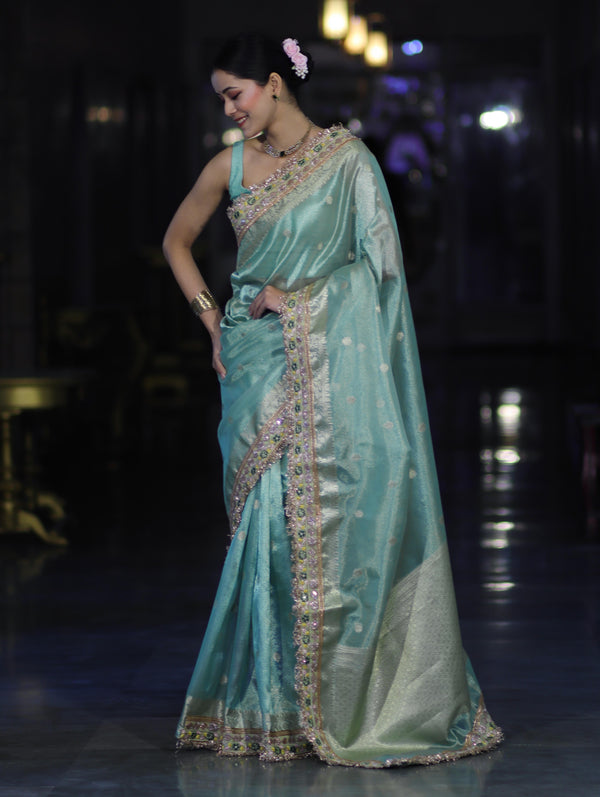 Banarasee Handloom Tissue Saree With Zari Buti Design Floral Border & Lace-Pastel Green