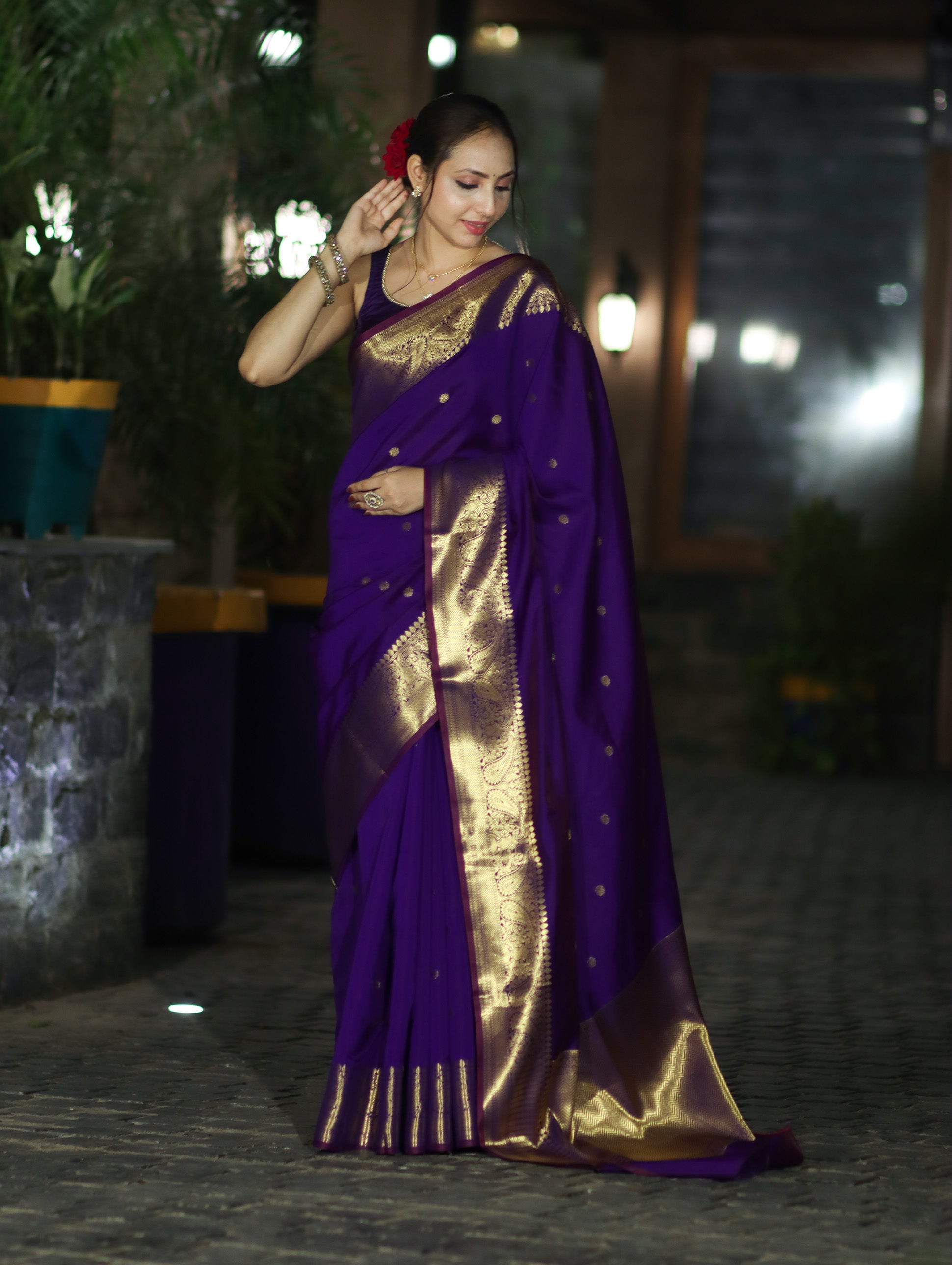 Banarasee Handwoven Semi Silk Saree With Zari Buti Design & Border-Violet