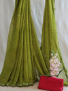 Banarasee Chiffon Bandhani Print Saree & Hand Work With Contrast Blouse-Henna Green