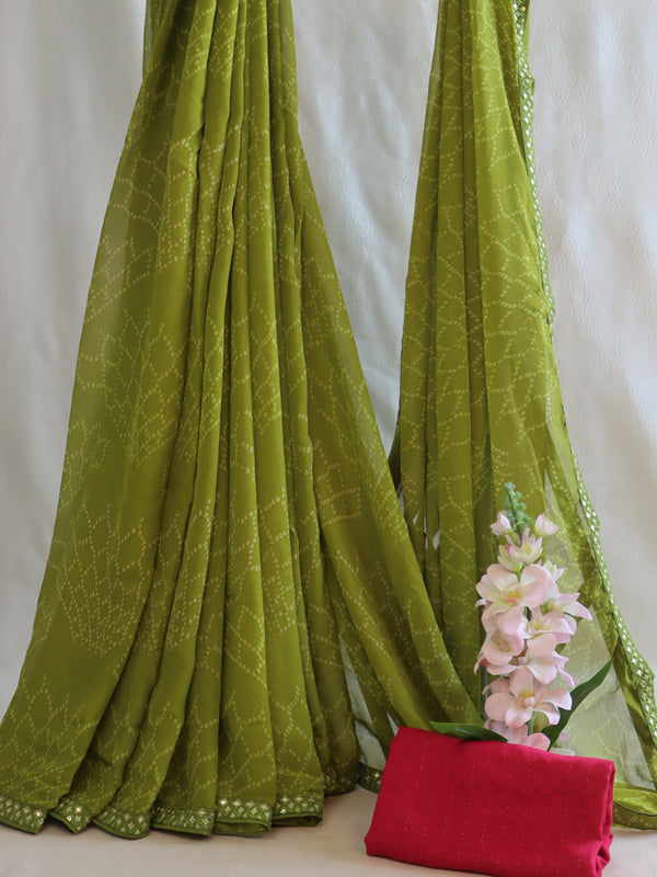 Banarasee Chiffon Bandhani Print Saree & Hand Work With Contrast Blouse-Henna Green