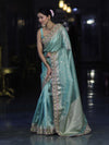 Banarasee Handloom Tissue Saree With Zari Buti Design Floral Border & Lace-Pastel Green