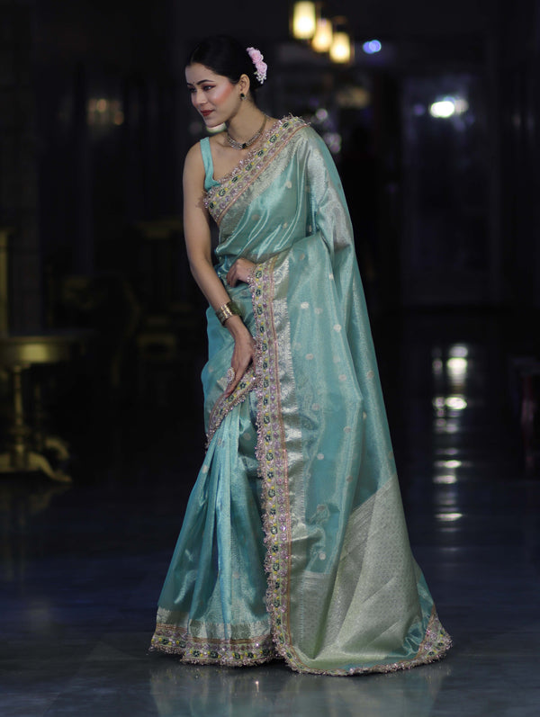 Banarasee Handloom Tissue Saree With Zari Buti Design Floral Border & Lace-Pastel Green