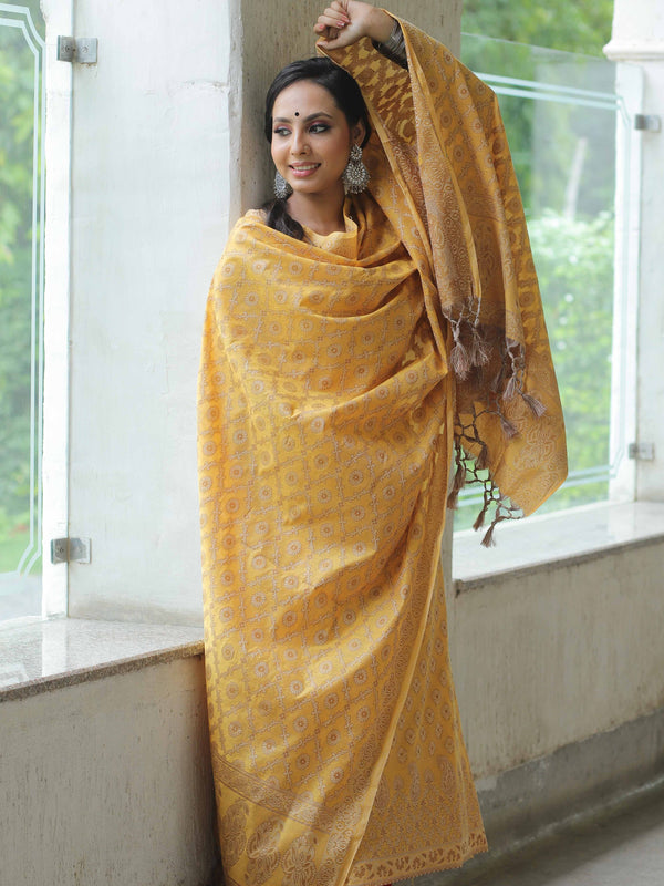 Banarasee Salwar Kameez Cotton Silk Resham Buti Woven Fabric-Yellow