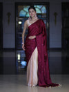 Banarasee Handloom Satin Hand Dyed Saree With Mirror Work-Burgundy & Beige