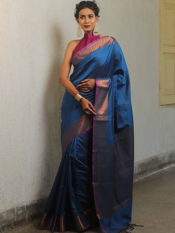 Banarasee Kora Muslin Saree With Tanchoi Design & Skirt Border-Steel Blue
