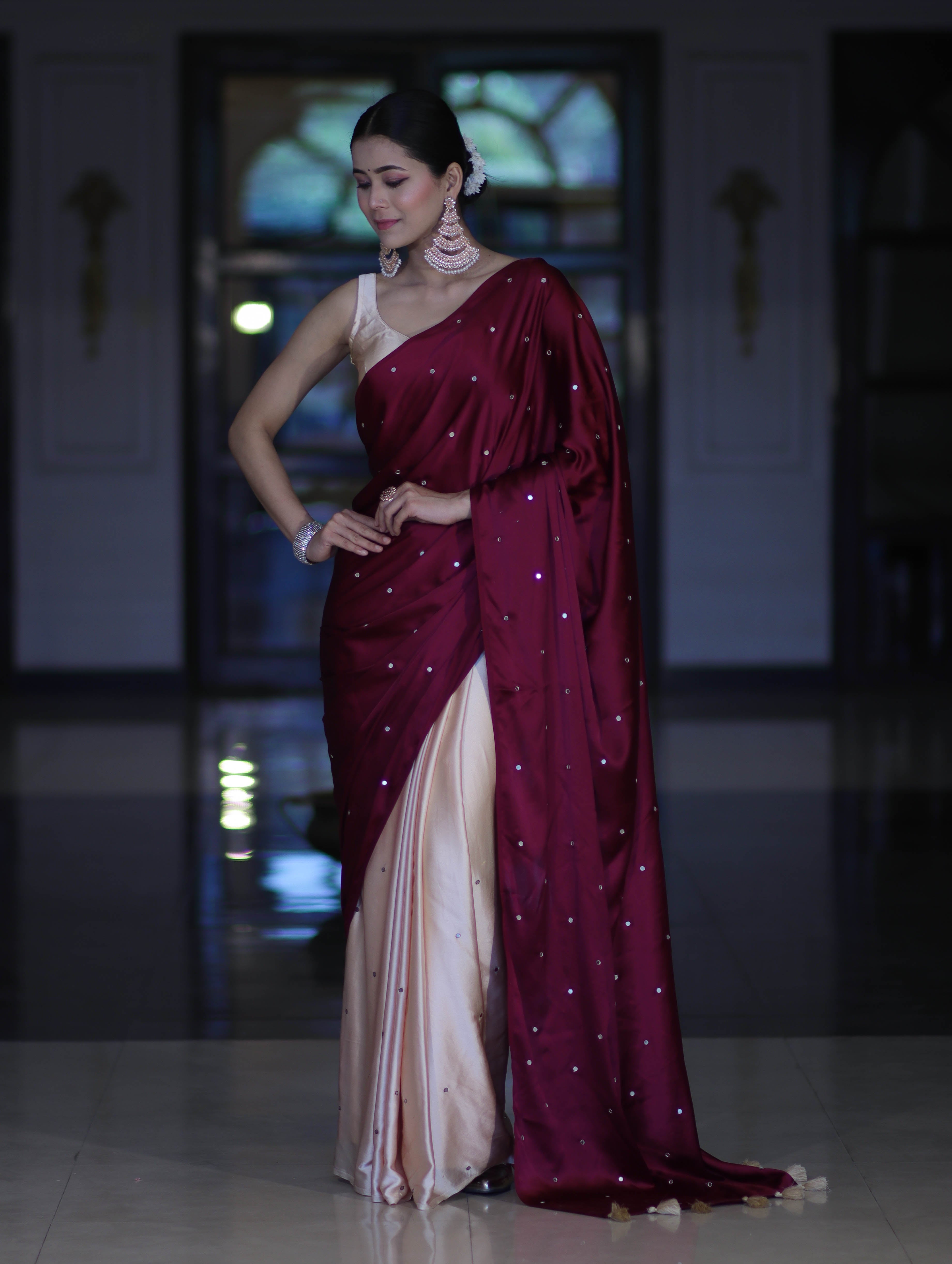 Banarasee Handloom Satin Hand Dyed Saree With Mirror Work-Burgundy & Beige