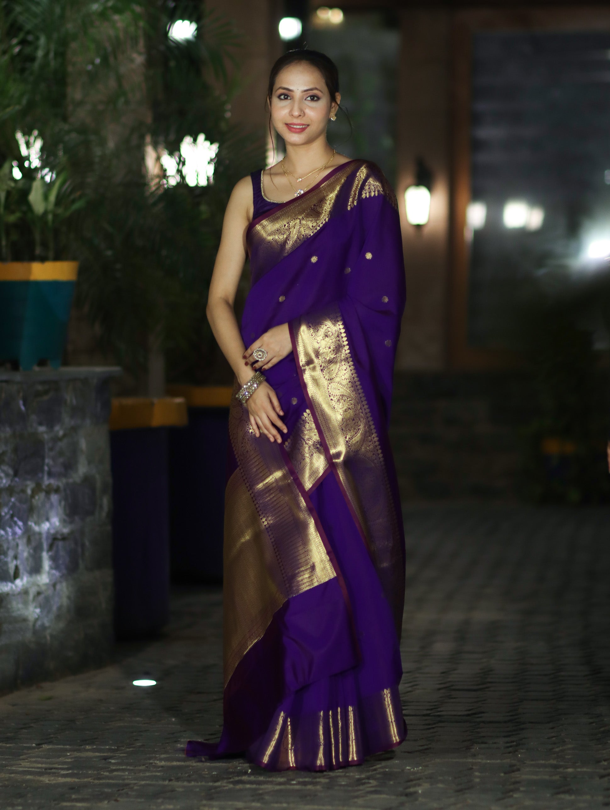 Banarasee Handwoven Semi Silk Saree With Zari Buti Design & Border-Violet
