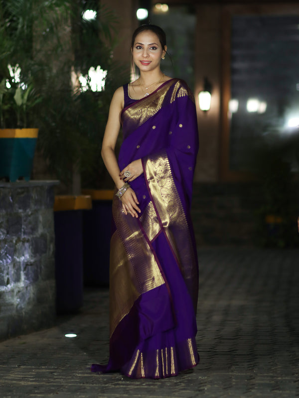 Banarasee Handwoven Semi Silk Saree With Zari Buti Design & Border-Violet