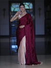 Banarasee Handloom Satin Hand Dyed Saree With Mirror Work-Burgundy & Beige