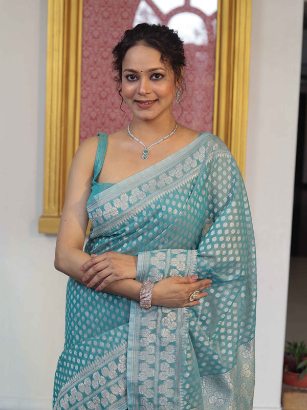 Banarasee Faux Georgette Saree With Zari Buti Design & Floral Border-Turquoise Green