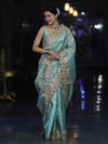 Banarasee Handloom Tissue Saree With Zari Buti Design Floral Border & Lace-Pastel Green