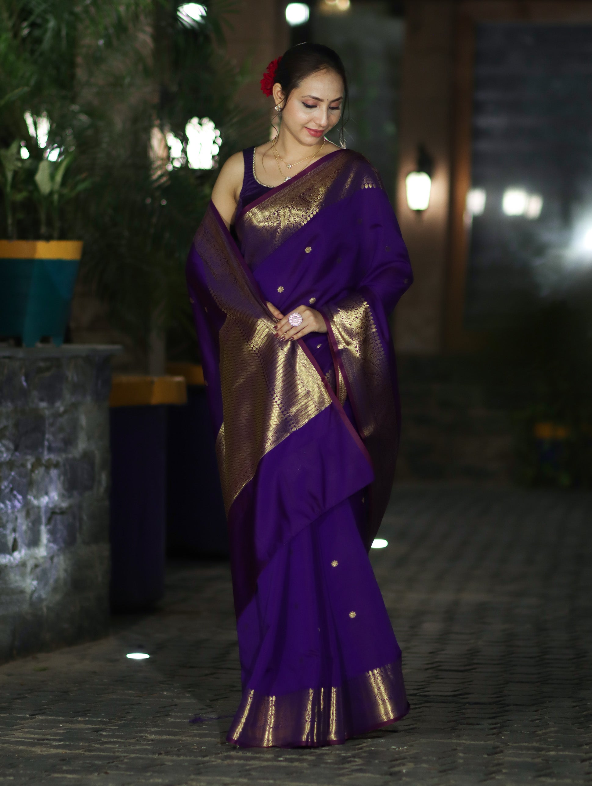Banarasee Handwoven Semi Silk Saree With Zari Buti Design & Border-Violet