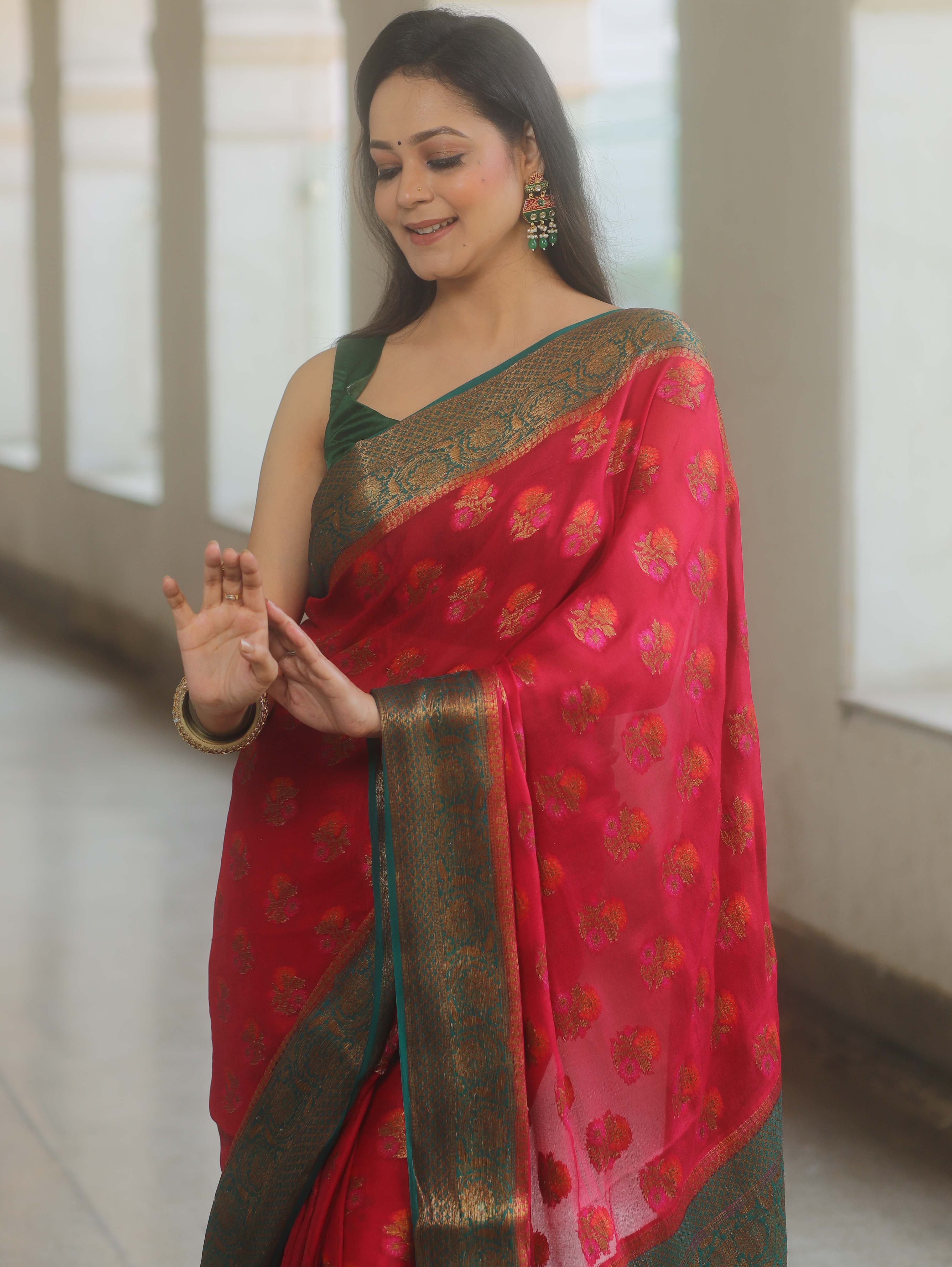 Banarasee Pure Chiffon Silk Saree With Antique & Resham Zari Work-Red & Green