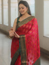 Banarasee Pure Chiffon Silk Saree With Antique & Resham Zari Work-Red & Green
