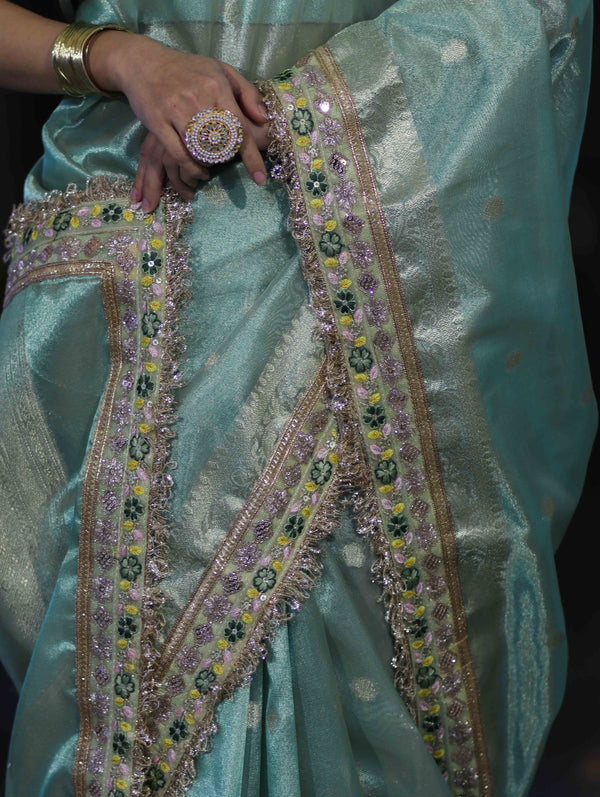 Banarasee Handloom Tissue Saree With Zari Buti Design Floral Border & Lace-Pastel Green