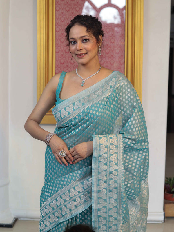 Banarasee Faux Georgette Saree With Zari Buti Design & Floral Border-Turquoise Green