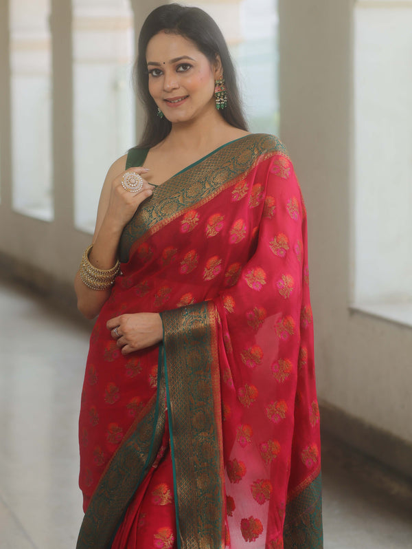 Banarasee Pure Chiffon Silk Saree With Antique & Resham Zari Work-Red & Green