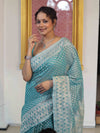 Banarasee Faux Georgette Saree With Zari Buti Design & Floral Border-Turquoise Green