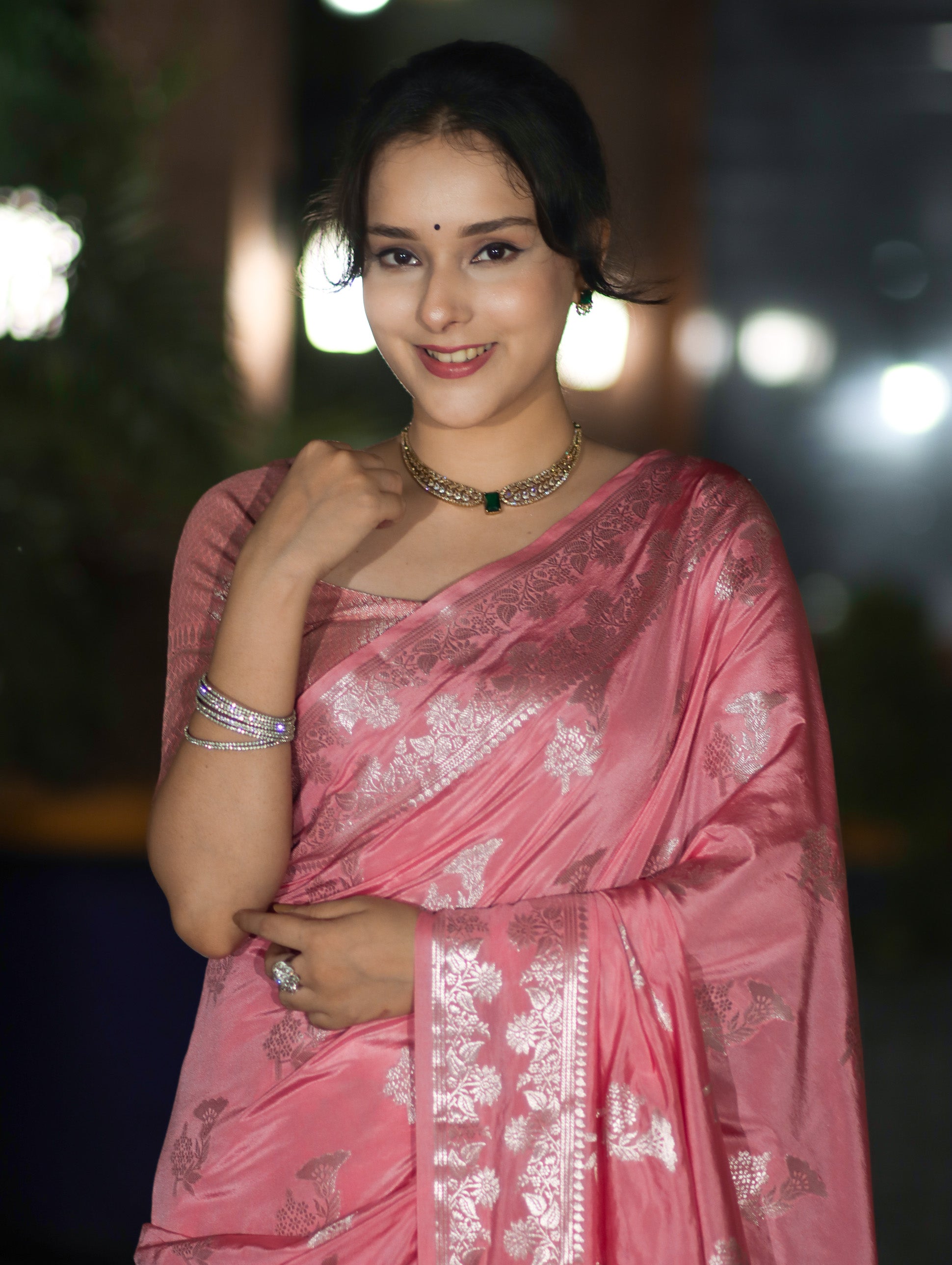 Banarasee Handloom Soft Silk Saree With Zari Buta Work & Border-Peachy Pink