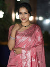Banarasee Handloom Soft Silk Saree With Zari Buta Work & Border-Peachy Pink