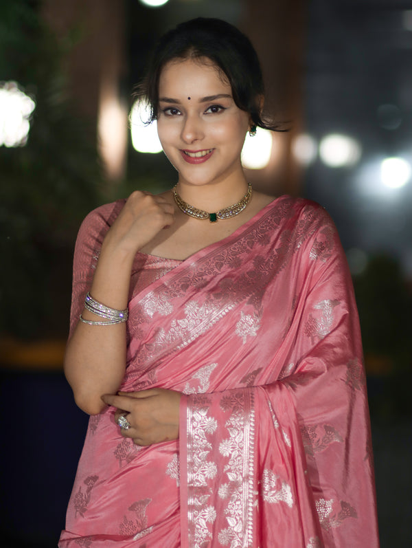 Banarasee Handloom Soft Silk Saree With Zari Buta Work & Border-Peachy Pink