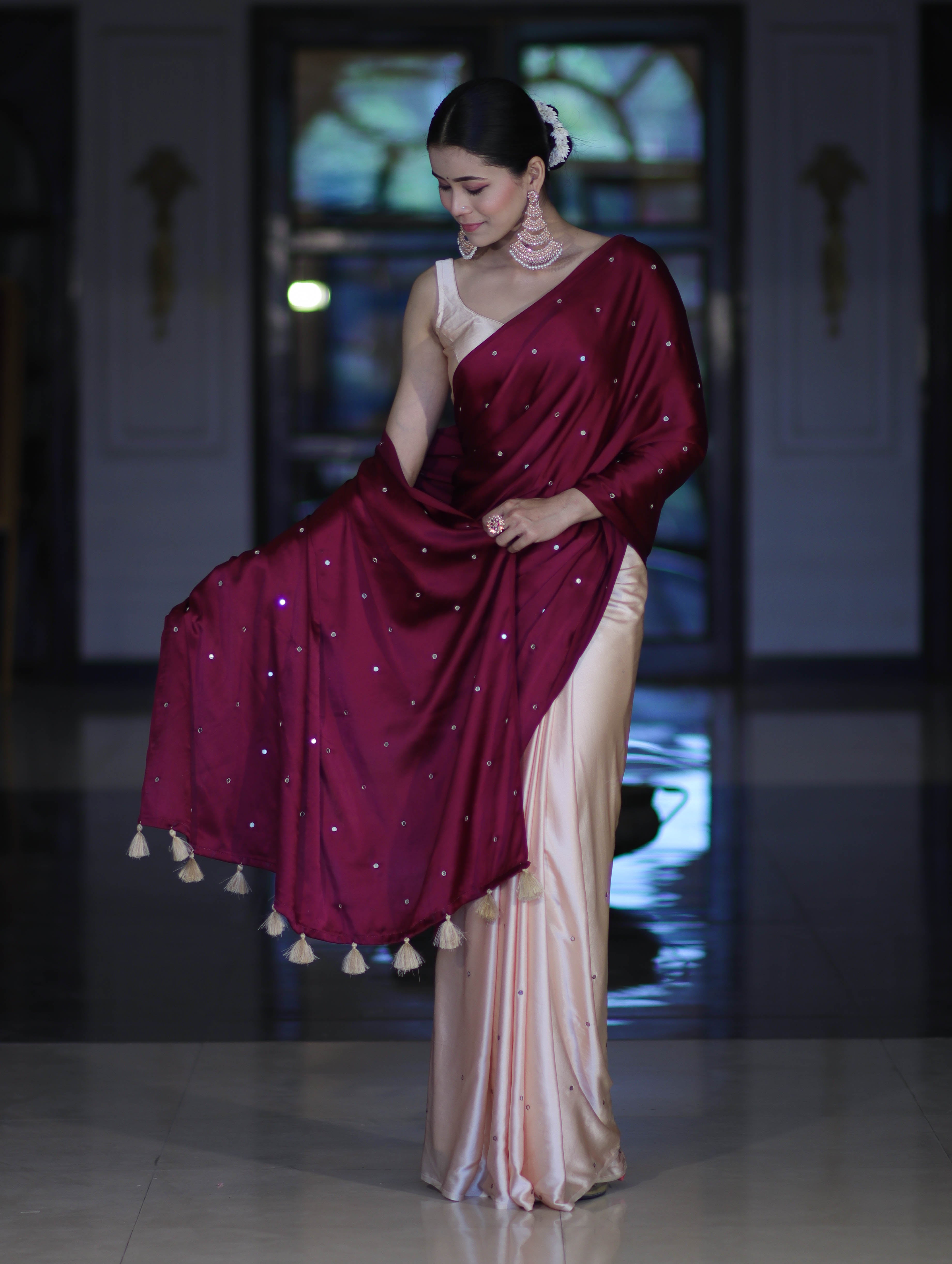 Banarasee Handloom Satin Hand Dyed Saree With Mirror Work-Burgundy & Beige