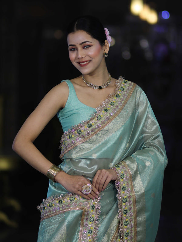 Banarasee Handloom Tissue Saree With Zari Buti Design Floral Border & Lace-Pastel Green