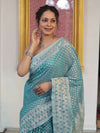 Banarasee Faux Georgette Saree With Zari Buti Design & Floral Border-Turquoise Green