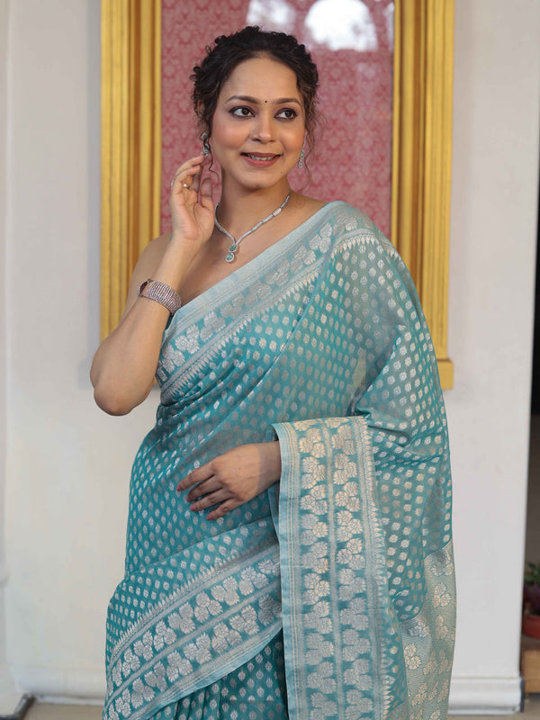 Banarasee Faux Georgette Saree With Zari Buti Design & Floral Border-Turquoise Green