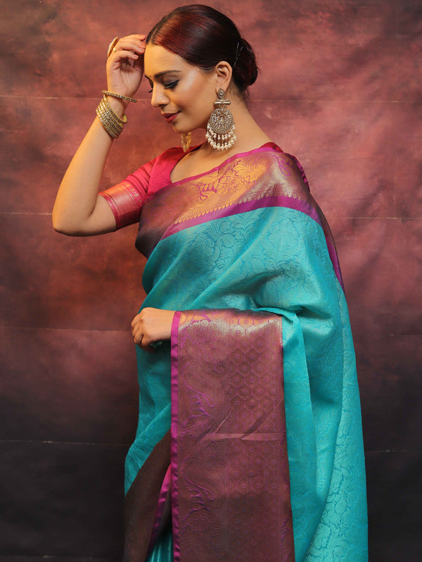 Banarasee Kora Muslin Saree With Tanchoi Design & Skirt Border-Sea Green