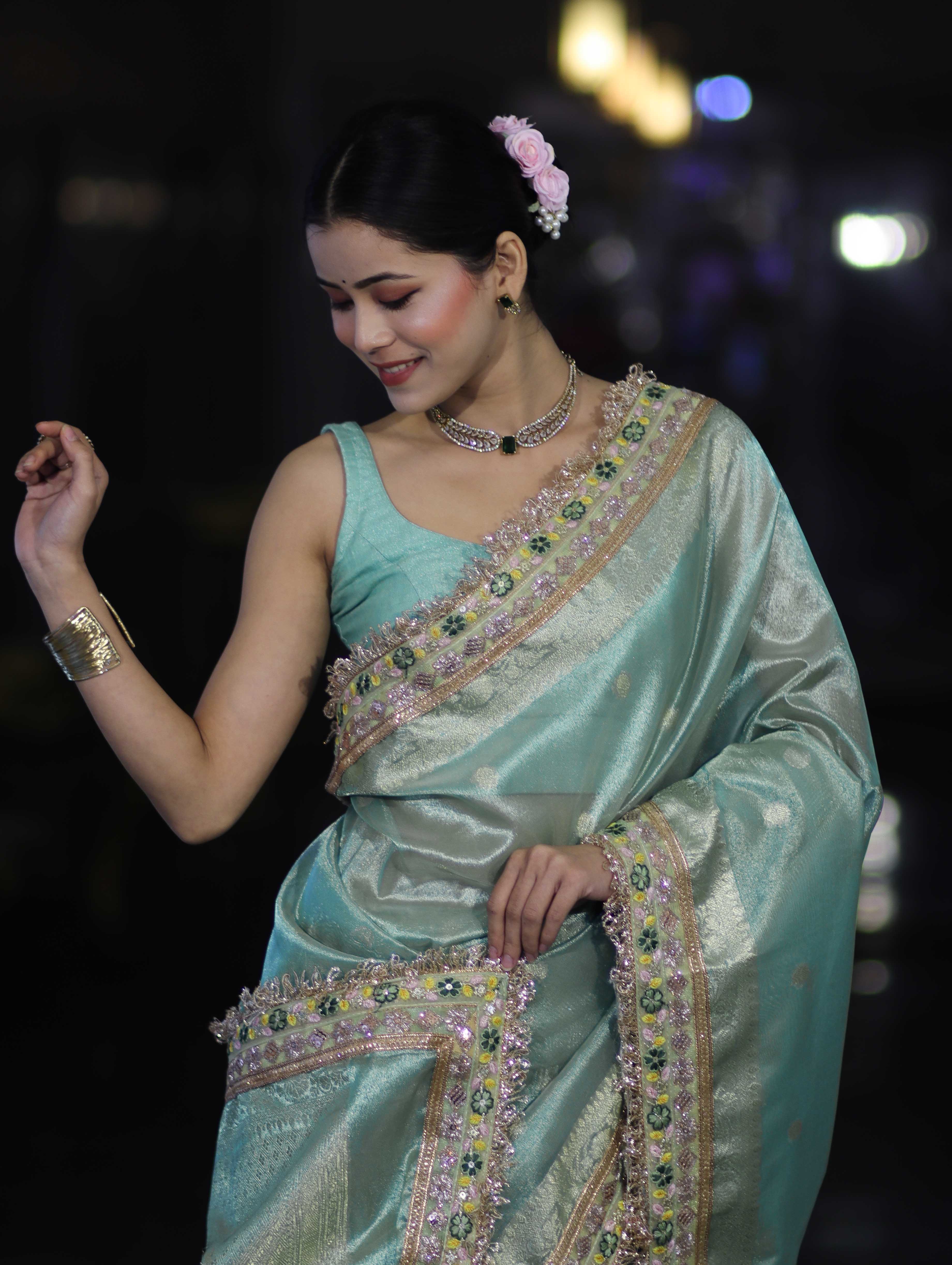 Banarasee Handloom Tissue Saree With Zari Buti Design Floral Border & Lace-Pastel Green